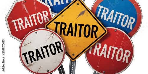 Multiple warning signs with 'TRAITOR' text in varied shapes and colors against a plain background symbolizing betrayal and disloyalty