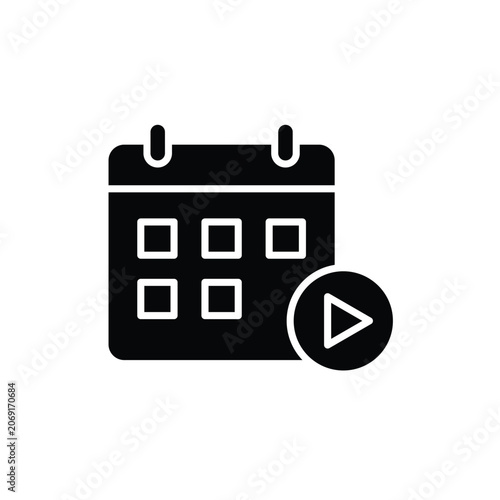Content Calendar icon. Calendar with play button. Digital, creator, technology, economy.  flat design style