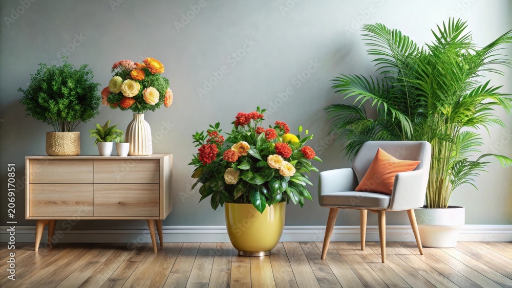 Fototapeta premium A Vibrant Home Interior Featuring a Stylish Wooden Cabinet, Lush Potted Plants, and a Comfortable Armchair with a Decorative Pillow, Creating a Serene and Inviting Atmosphere