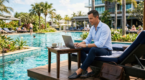 A man is working on a laptop while relaxing by a pool. He is sitting on a lounge chair with a small table and is enjoying a tropical setting.