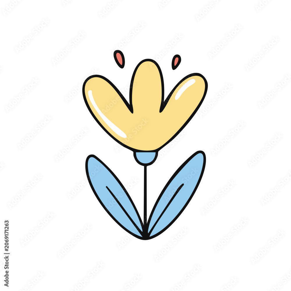 Fototapeta premium Whimsical hand drawn yellow flower with blue leaves simple vector illustration