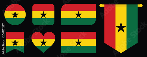 Ghana Flag Icons Set in Circle, Heart, Rounded Square, Rounded Rectangle, Bookmark and Hanging Pennant Shaped - Ghana National Flag Vector Collection Isolated on Black Backgroun