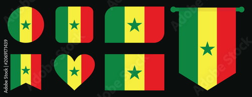 Senegal Flag Icons Set in Circle, Heart, Rounded Square, Rounded Rectangle, Bookmark and Hanging Pennant Shaped - Senegal National Flag Vector Collection Isolated on Black Background