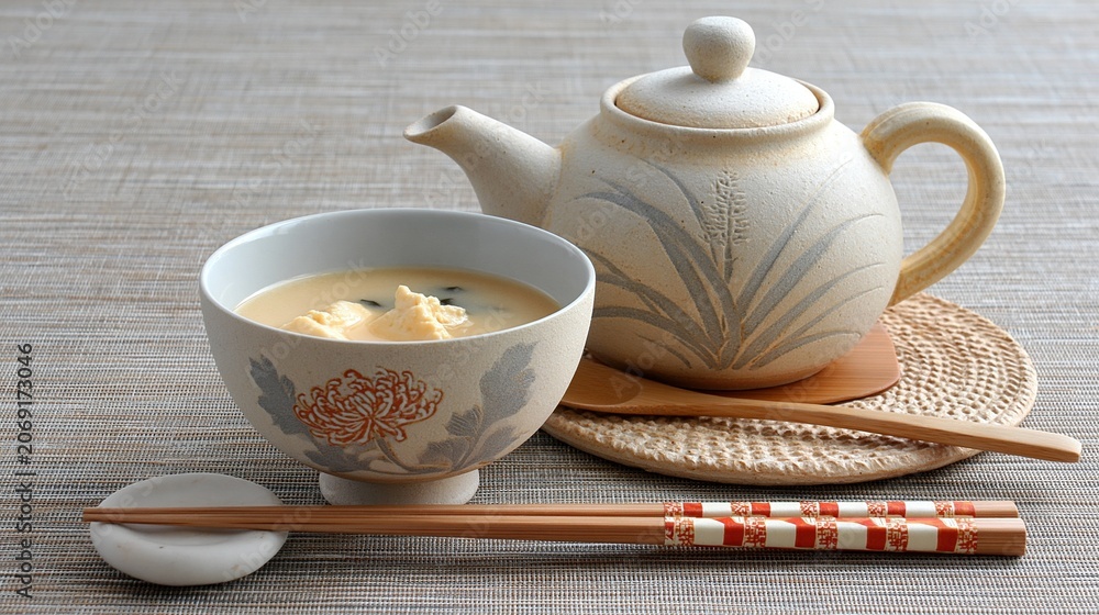 Fototapeta premium 菊紋の椀に盛られた豆腐の味噌汁。植物模様の急須と紅白の箸。伝統的な和の食卓と茶器の静物写真