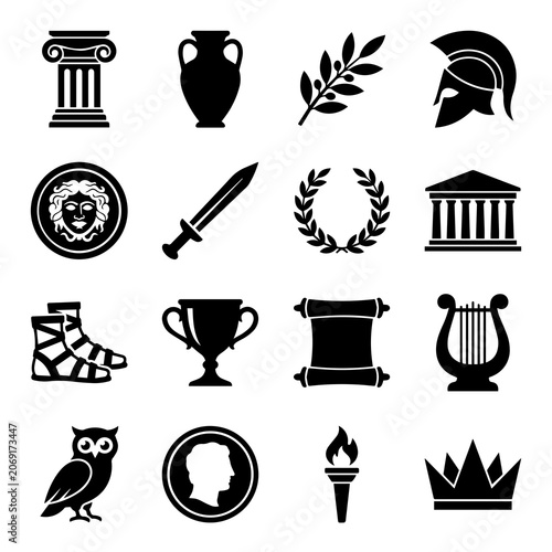 Sixteen black and white ancient greek and roman themed featuring architecture, mythology, and historical symbols on white background