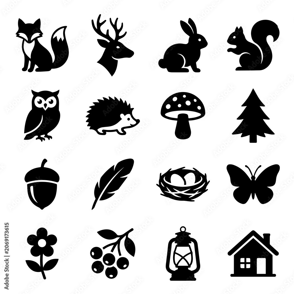 Obraz premium Sixteen black silhouette featuring forest animals, woodland nature symbols, and a house on a white background