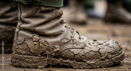 Detailed macro shot of a muddy military combat boot covered in thick cracked dried mud standing on the ground during a field training exercise.