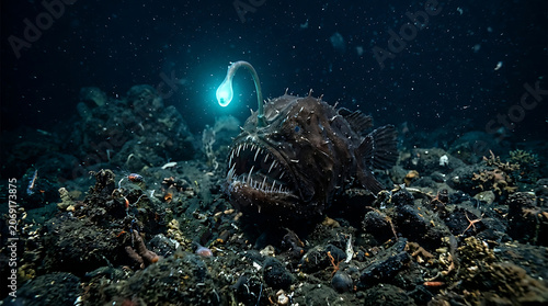A fearsome deep-sea anglerfish, with its striking bioluminescent lure, navigates the dark, mysterious ocean floor, highlighting a unique predatory marine life