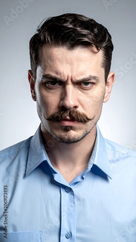 Serious man with mustache looking intently in blue shirt studio portrait