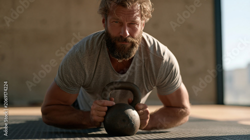Kettlebell coach filming an instructional video in a quiet morning gym before clients arrive, demonstrating a Turkish get-up in careful deliberate segments, only the sound of