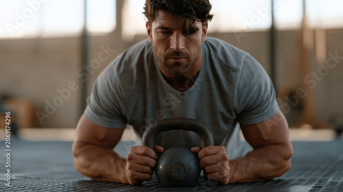 Kettlebell coach filming an instructional video in a quiet morning gym before clients arrive, demonstrating a Turkish get-up in careful deliberate segments, only the sound of