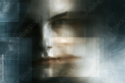Abstract digital art portrait of a person's face fragmented and distorted with geometric overlays and textures.