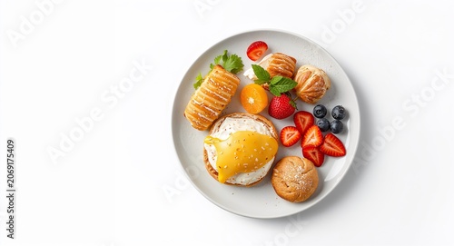 Elegant brunch plate combining assorted pastries fruits and eggs benedict on seamless � E-Commerce and Online Shopping Concept for Digital Retail