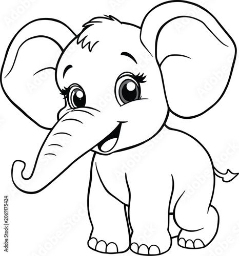 Baby elephant silhouette black and white vector illustration on a white background
