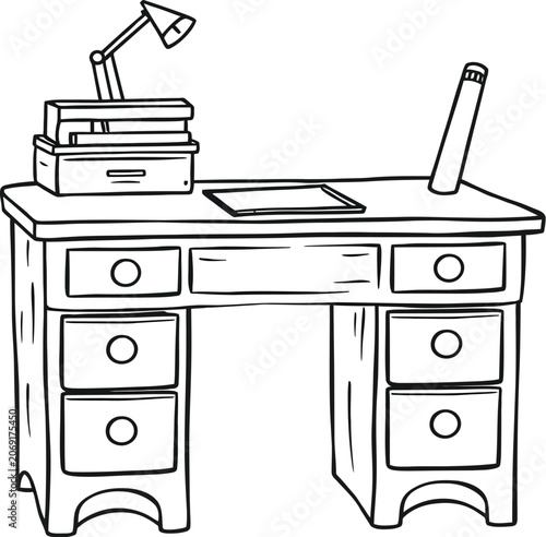 Writing desk silhouette with books lamp and stationery vector illustration