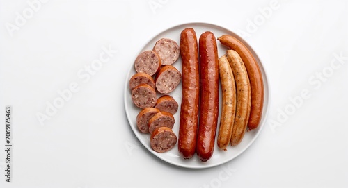 Clean minimalist photograph of artisanal sausage varieties including smoked kielbasa and herbed � Food Photography for Restaurant, Culinary and Dining Concept