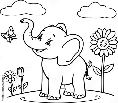 Elephant butterfly sunflower and clouds vector silhouette illustration