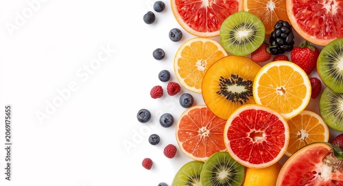 Freshly cut vibrant fruits displayed on white background emphasizing juicy textures and colors � Professional Stock Photography Concept for Commercial and Marketing Use