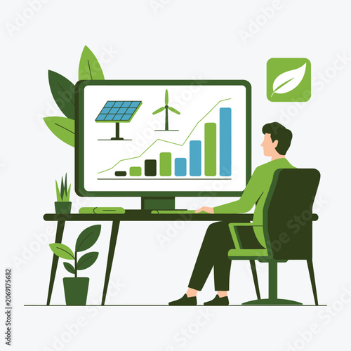 Renewable Energy Analytics Dashboard with Solar Panel and Wind Turbine, Flat Vector Illustration