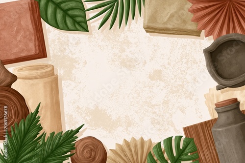 Bohemian natural elements and textures arranged in a decorative border with copy space