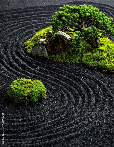 Serene zen garden landscape with raked sand and green mossy island