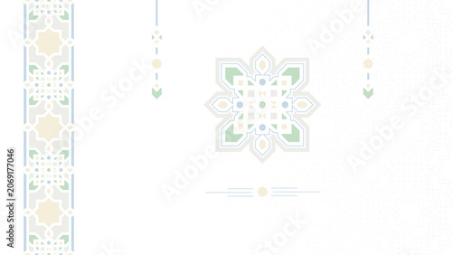 Elegant light Islamic geometric pattern background with pastel Arabic ornaments and copy space