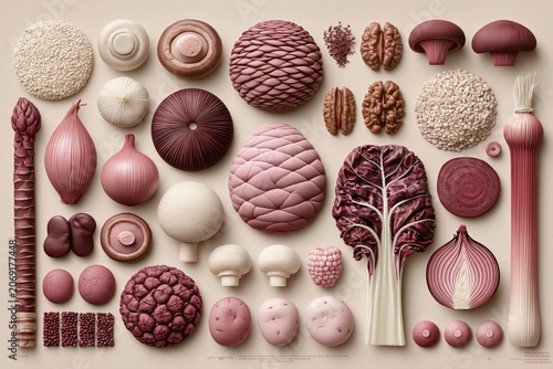 A curated collection of stylized pink and burgundy vegetables, fruits, and nuts artfully arranged on a neutral background.