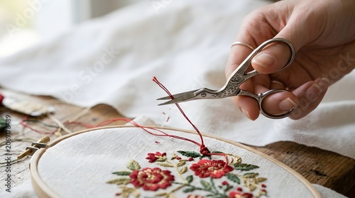 Close up of woman hand cutting red thread with vintage stork scissors during embroidery process