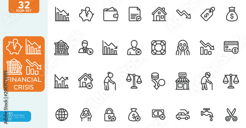 Photos Financial crisis Vector illustration line editable Icons set