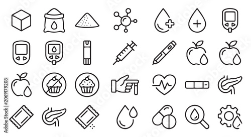 Diabetes Care and Blood Glucose Monitoring, Endocrinology Medical Diagnostics, Insulin Therapy Injection, and Diabetic Patient Healthcare Treatment Vector Line Icons Set