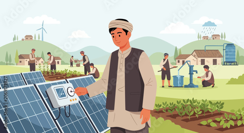 Farmer Using Solar Power for Agriculture in a Village