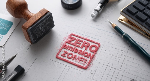A well-arranged zero emission zone rubber stamp in an artistic workspace, allowing much � Professional Stock Photography Concept for Commercial and Marketing Use