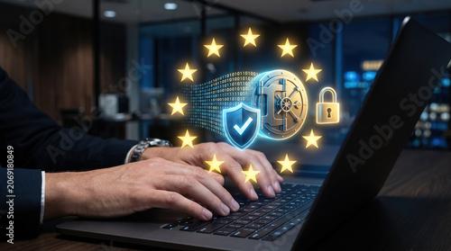 Data Protection Compliance Concept with Laptop, Digital Shield and Secure Vault Icons