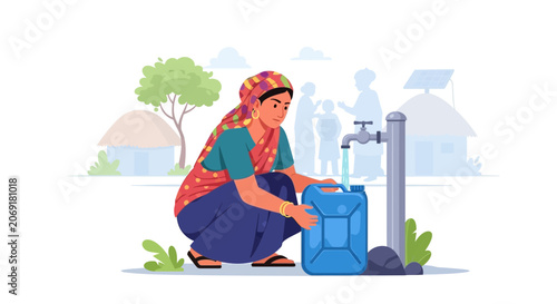 Woman collects water from communal tap, illustrating resource scarcity and daily life.