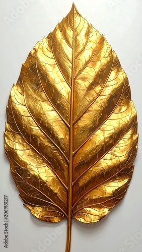 Shiny golden leaf with detailed veins reflecting light