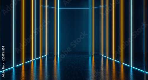 Witness an abstract neon background featuring glowing blue and yellow lines, creating � Professional Stock Photography Concept for Commercial and Marketing Use