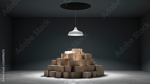 Dimly lit room with a spotlight illuminating a large, haphazard stack of cardboard boxes