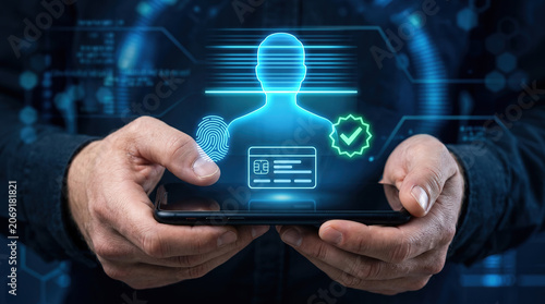 Biometric Identity Verification Concept with Smartphone, Fingerprint Scan and Digital ID Card Approval Icons
