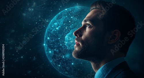 A thoughtful man gazing towards Earth, depicted amid a dreamy backdrop of � Professional Stock Photography Concept for Commercial and Marketing Use
