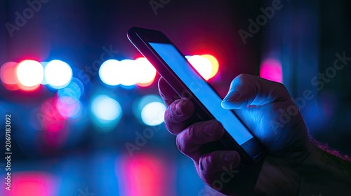 Close-up of a hand holding a smartphone with blurred red and blue lights in the background