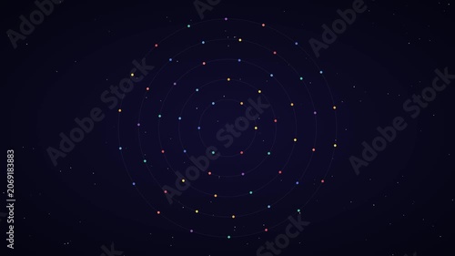 Abstract digital orbit background, with rotating colorful, particles and concentric, circles technology