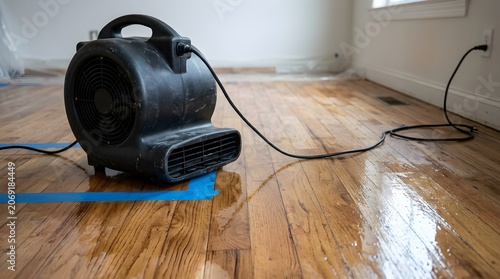 Industrial air mover fan drying wet hardwood floor after water damage in a residential room