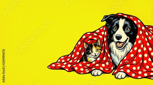 Cute Calico Kitten and Border Collie Playing Peekaboo Under Blanket in Retro Comic Strip Pop Art Style for Commercial Greeting Card