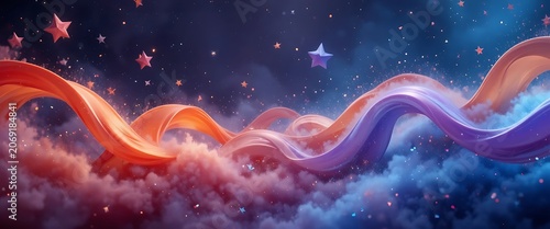 Abstract intertwined colorful ribbons floating in cosmic starry night sky