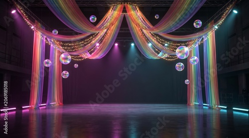 A vibrant stage decorated with rainbow fabric, fairy lights, and floating bubbles, illuminated by colorful spotlights.