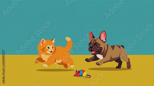Fluffy Orange Kitten and French Bulldog Playing Tag With Toy Mouse in Minimalist Color Block Pop Art Style for Greeting Card