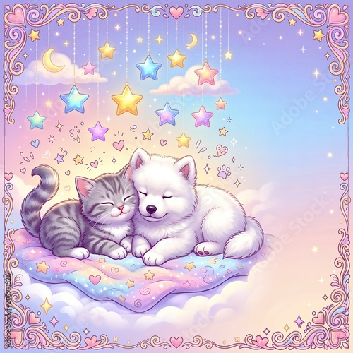 Grey Kitten and Gentle Samoyed Puppy Sleeping Peacefully Under Stars in Whimsical Pastel Pop Art Style for Greeting Card