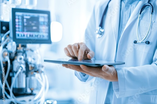 Practitioner uses tablet near advanced medical equipment in a bright, sterile environment