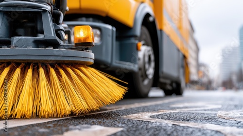 Close-up of a large yellow street sweeper with bright orange light