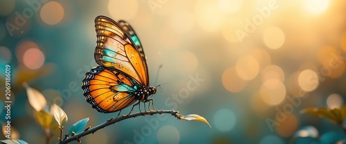 Monarch Butterfly Resting on Branch with Soft Bokeh Background in Nature